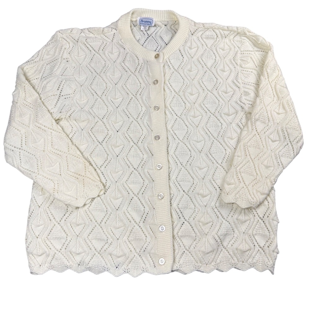 Brunny Pointelle Cardigan Sweater Women Size 42 Large Vintage‎ Grandmacore